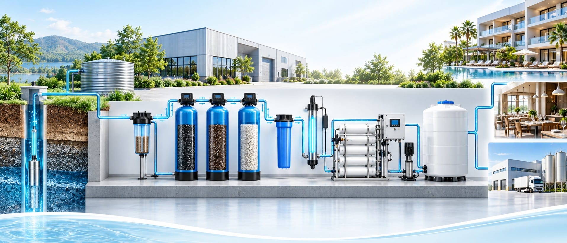Installation professionnelle de traitement d'eau : filtration, adoucissement, osmose inverse et désinfection